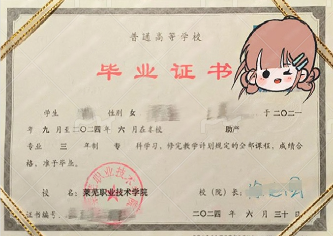 莱芜职业技术学院2024年普通全日制专科毕业证书样本图片(助产) 莱芜职业技术学院2024年普通全日制专科毕业证书样本图片(助产)